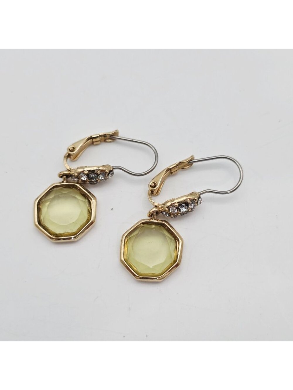 Gold-Tone Drop Earrings With Yellow Octagon Plastic Gem & Crystal Accents